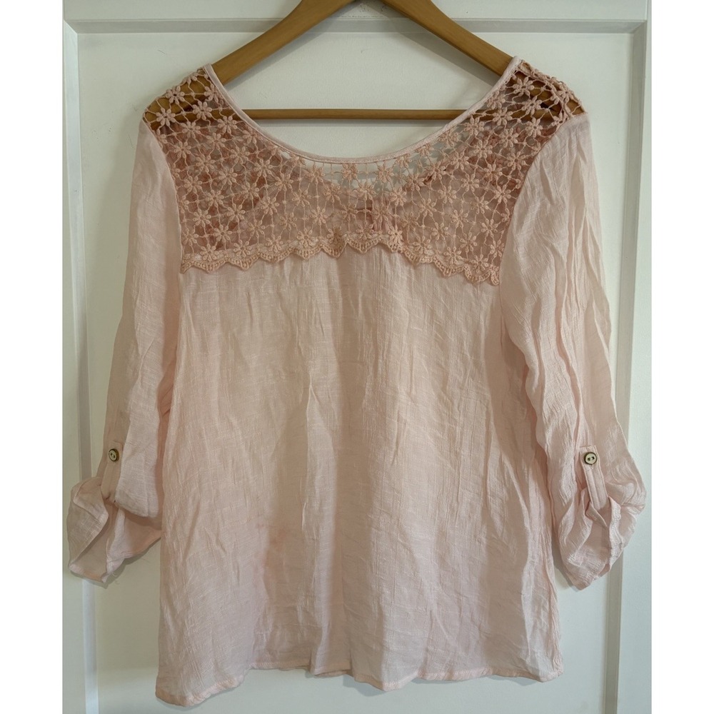 Active USA Pink Boho Crochet Lace Yoke Blouse Peasant Top Gauze 3/4 Roll Tab LG